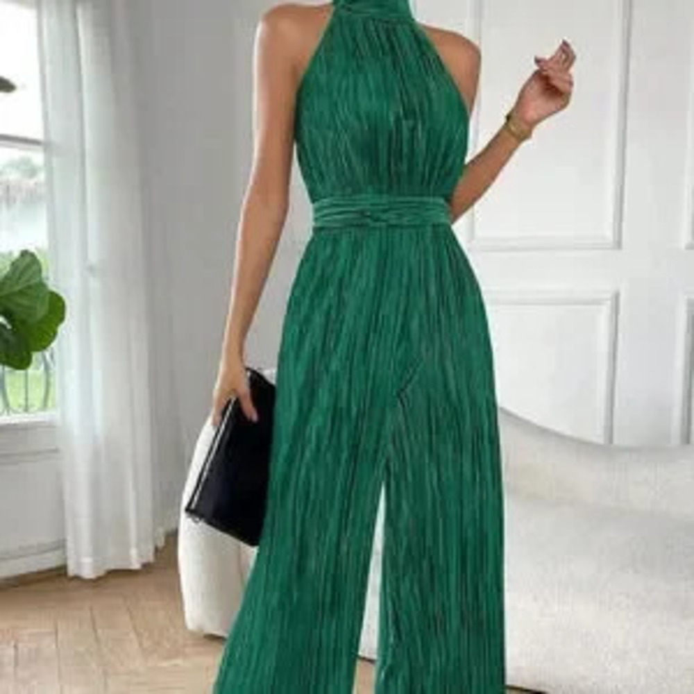 ZARA Mint Green Casual Women's Sleeveless Halter Neck Wide Leg Jumpsuit